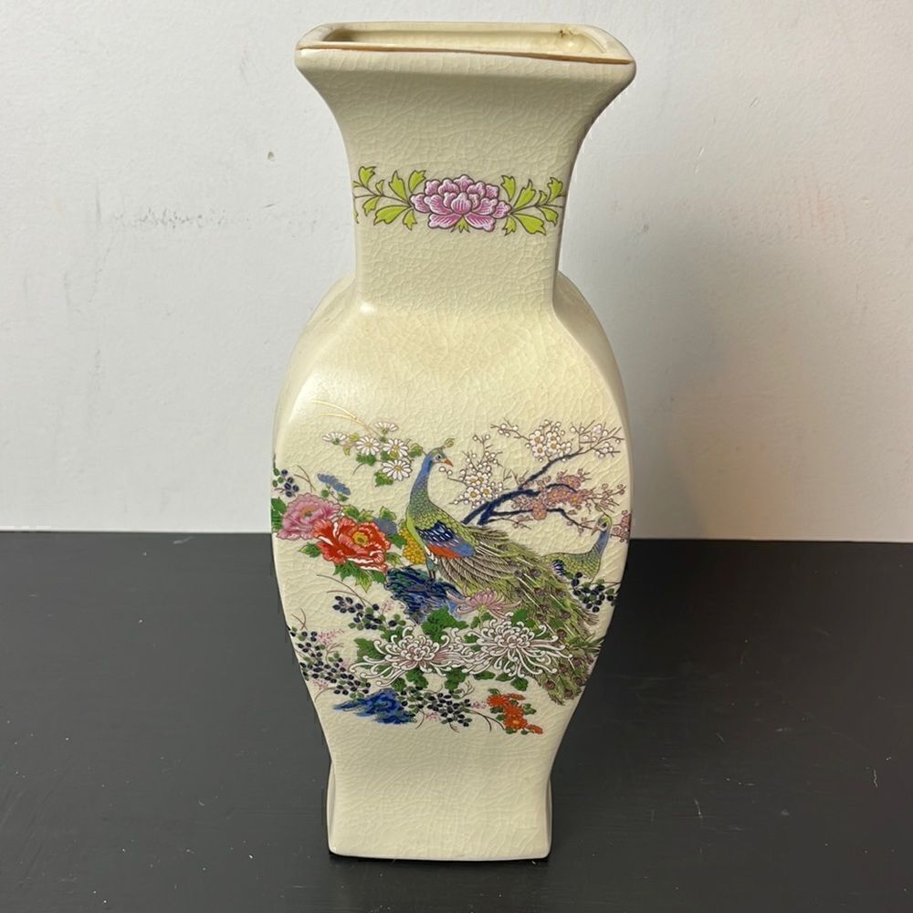 Vintage Multicolor Floral Japanese Vase with Peacock 12”